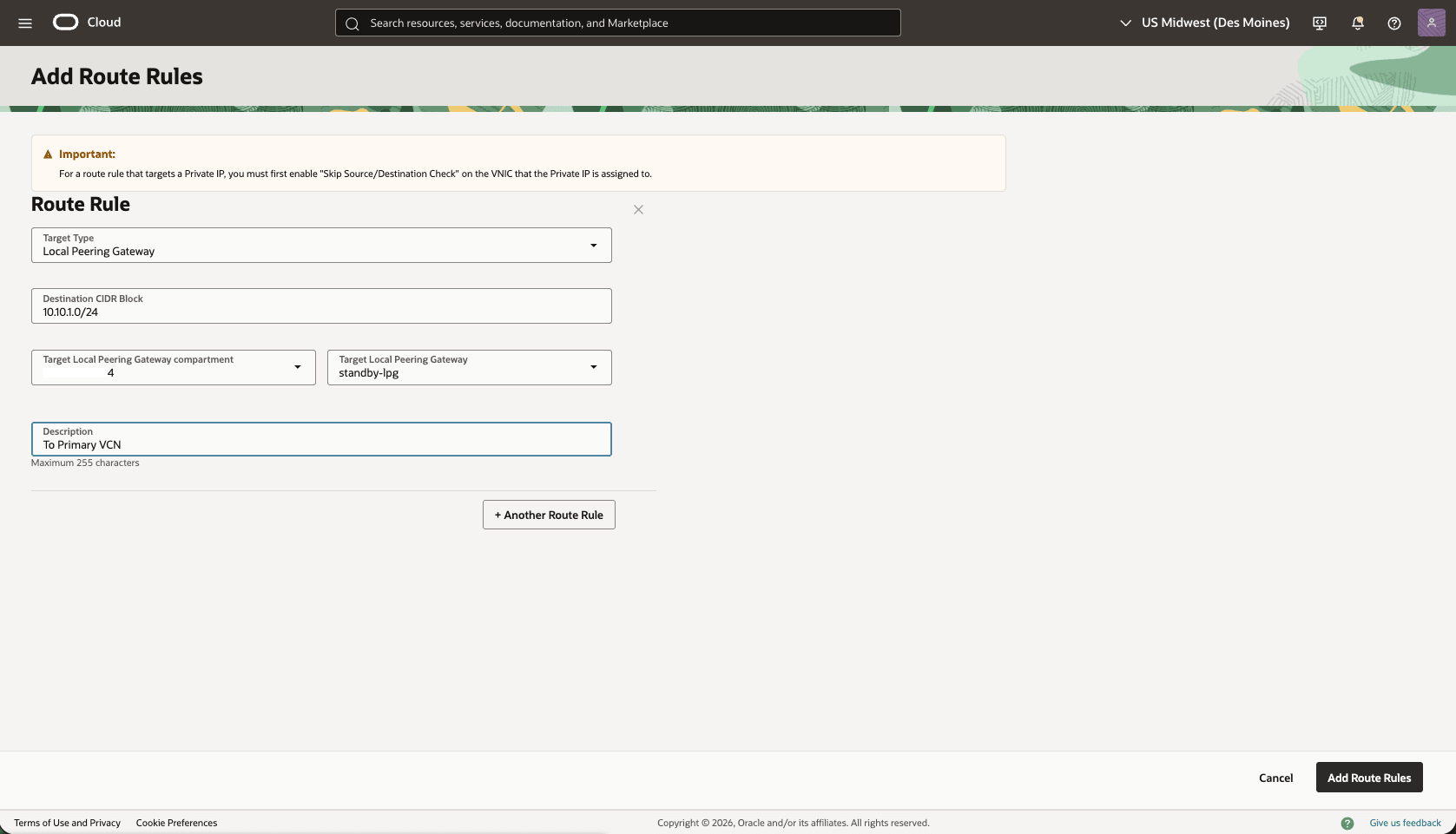 This screenshot shows how to configure the network in the standby region.