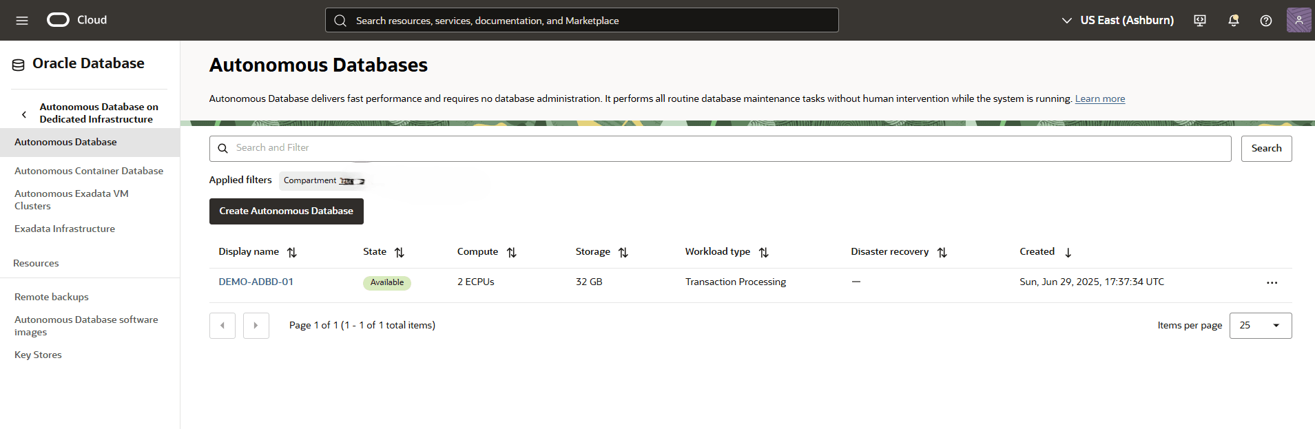 This screenshot shows the final step of creating an Autonomous AI Database.