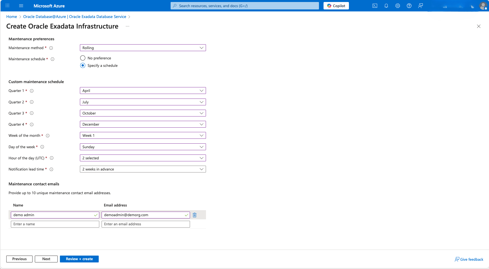 This screenshot shows the third step of creating an Exadata Infrastructure