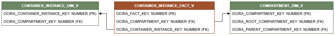 Relationship diagram showing the fact table, CONTAINER_INSTANCE_FACT_V.