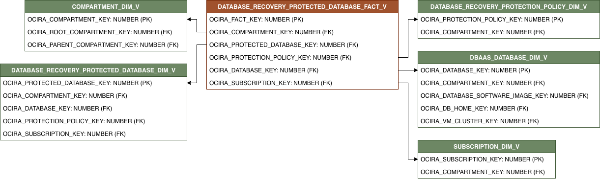 Relationship diagram showing DATABASE_RECOVERY_PROTECTED_DATABASE_FACT_V and its related dimension tables.