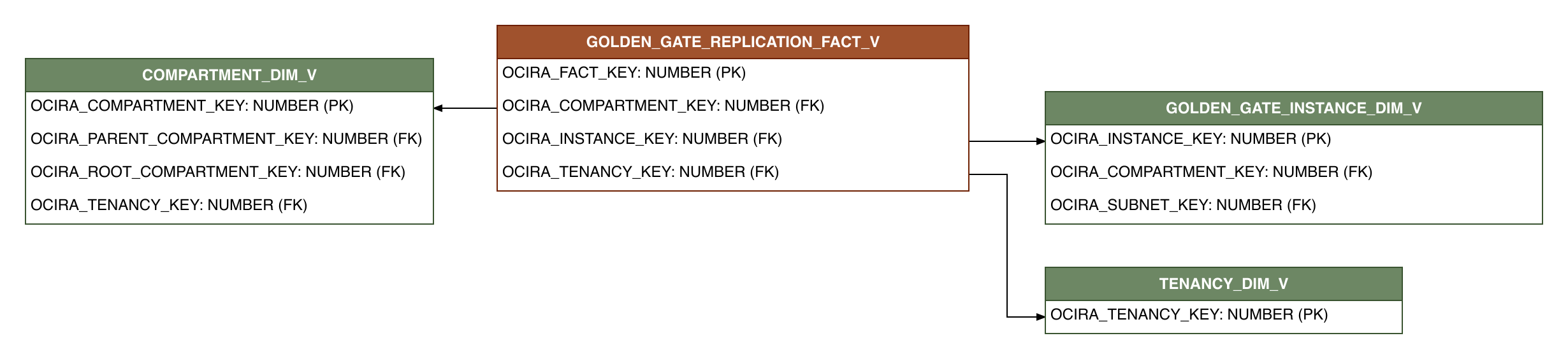 Relationship diagram showing the fact table, GOLDEN_GATE_REPLICATION_FACT_V.