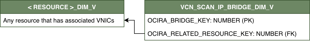 Relationship diagram with VCN_SCAN_IP_BRIDGE_DIM_V connected to <RESOURCE>_DIM_V.