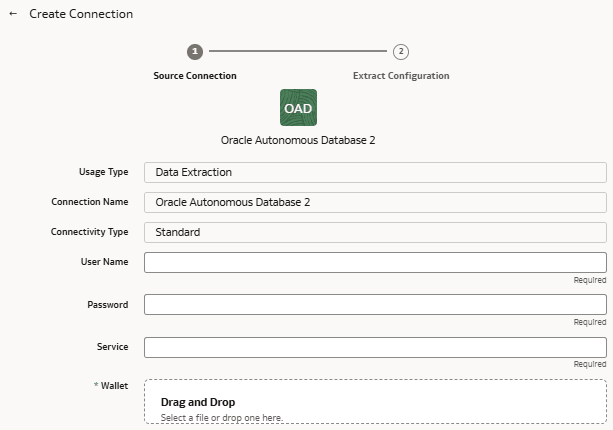 Create Connection for Oracle Autonomous Database dialog displaying the Source Connection tab Create Connection for Oracle Autonomous Database dialog displaying the Source Connection tab