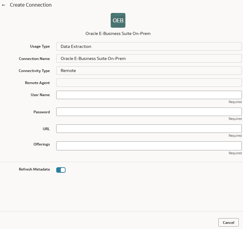 Create Connection dialog for Oracle E-Business Suite On-Prem