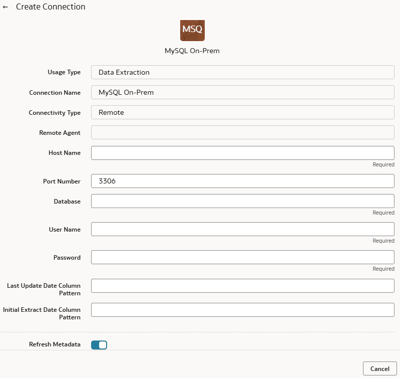 Create Connection for MySQL On-Prem dialog
