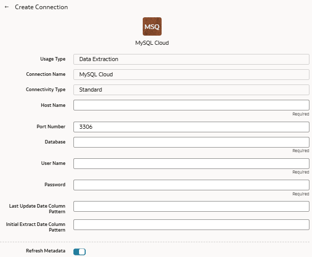 Create Connection for MySQL Cloud database dialog
