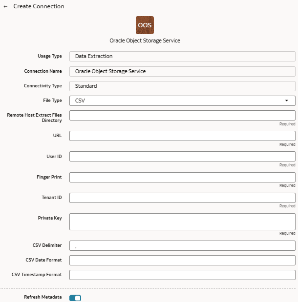 Create Connection for Oracle Object Storage Service dialog