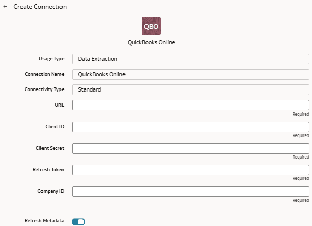 Create Connection for QuickBooks Online dialog Create Connection for QuickBooks Online dialog