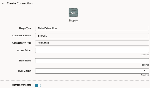Create Connection dialog for the Shopify connector