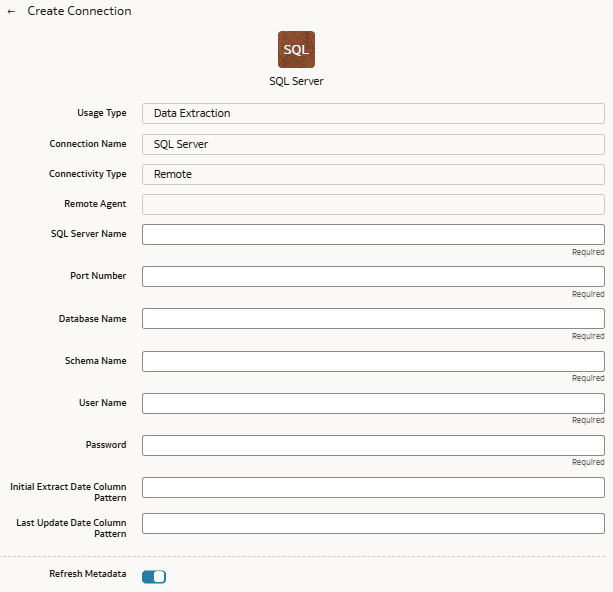 Create Connection for SQL Server dialog Create Connection for SQL Server dialog
