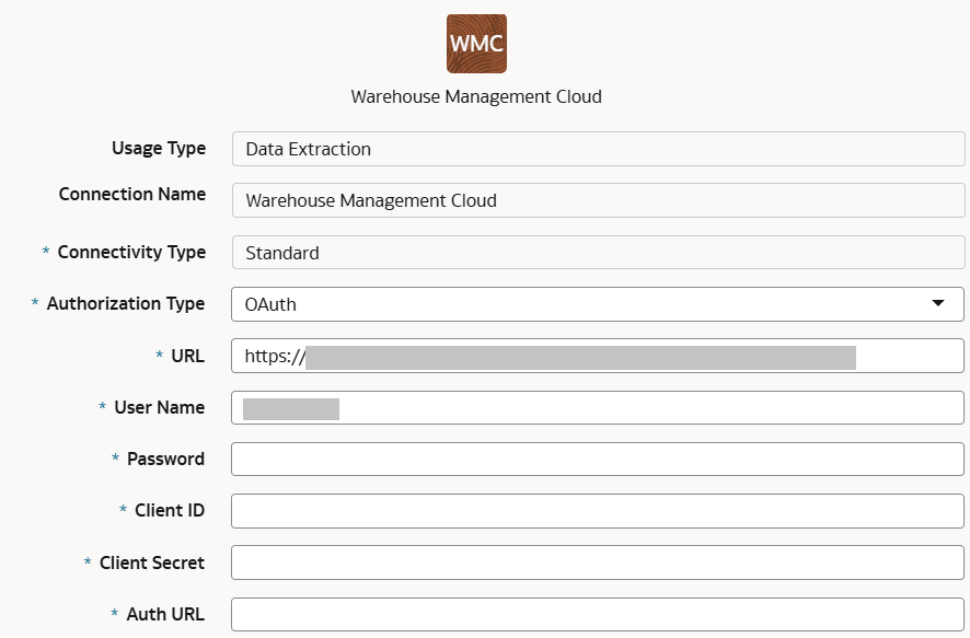 Create Connection for Oracle Warehouse Management Cloud dialog displaying the Source Connection tab with OAuth