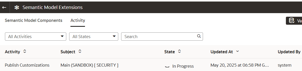 The Semantic Model Extensions page displaying the progress of the Publish Customizations activity