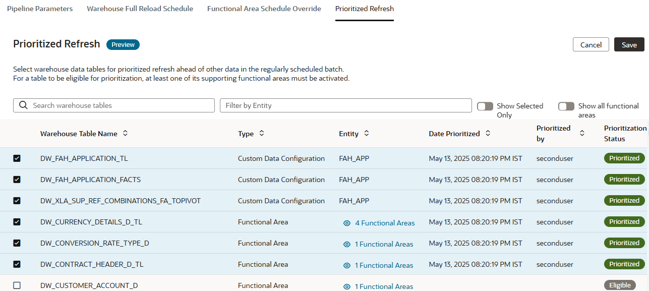 Prioritized Data Refresh tab on the Pipeline Settings page