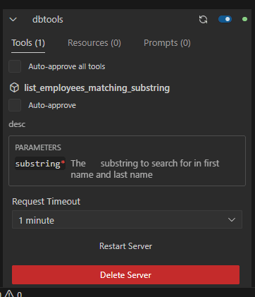 This image shows the screen where the available tools, resources and prompts are displayed.