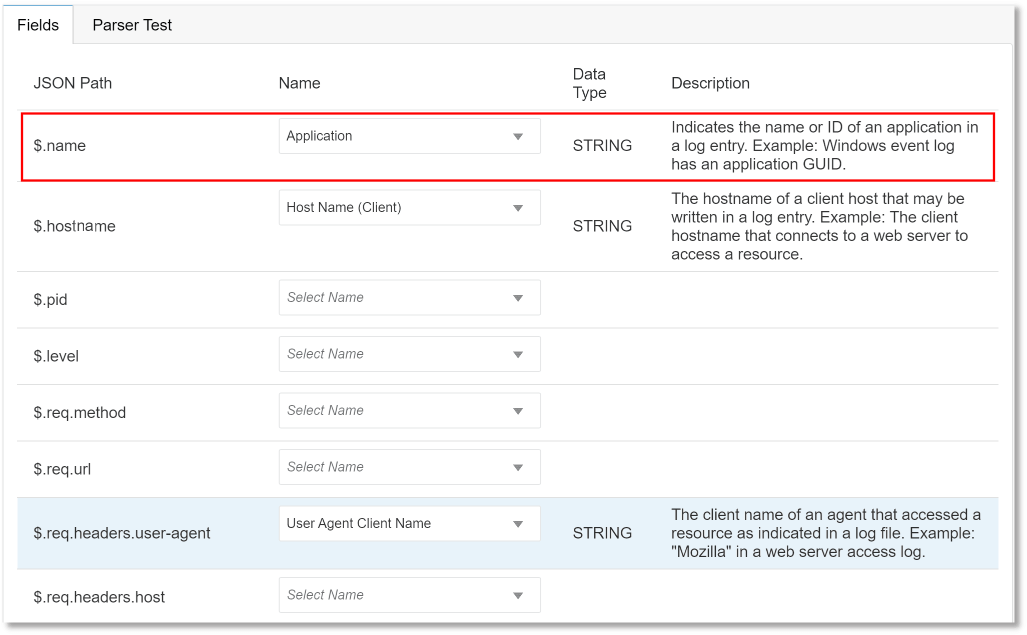 Fields tab: The columns displayed in the table are field number, JSON path, name, data type, and description