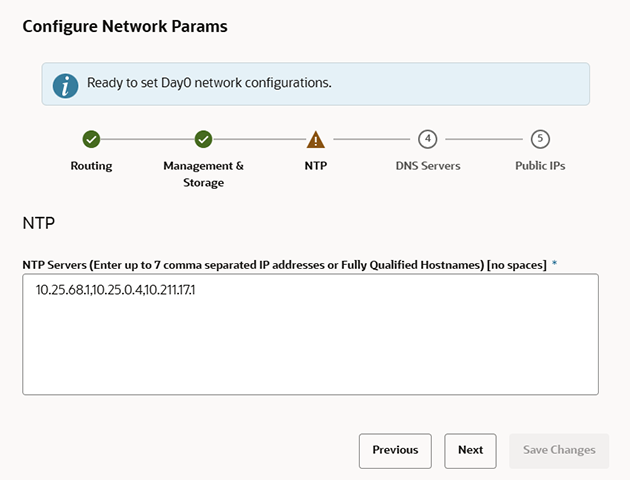 Figure showing the NTP parameters page of the Network Configuration wizard.