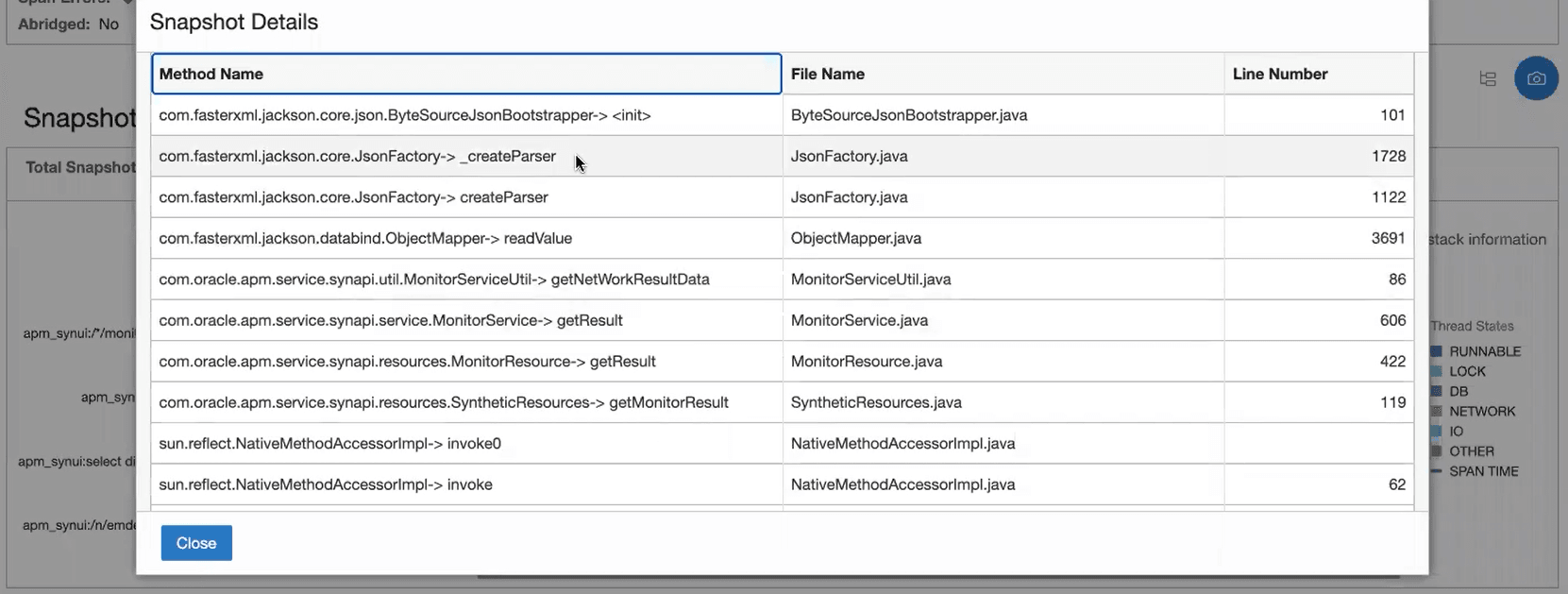 Snapshot details displaying a table with method names, file names and line numbers. Snapshot details displaying a table with method names, file names and line numbers.